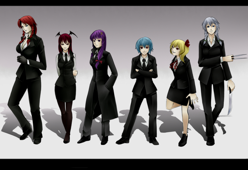 6+girls, arms_behind_back, blonde_hair, blue_eyes, blue_hair, bow, braid, breasts