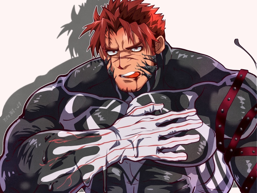 1boy, akashi_(alter)_(live_a_hero), bara, black_bodysuit, bodysuit, cross_scar, hand_on_own_chest, highres, kizami_nori_to_yamaimo, large_pectorals, live_a_hero, male_focus, muscular, muscular_male, pectorals, red_eyes, red_hair, scar, scar_on_face, short_hair, simple_background, solo, tongue, tongue_out, translation_request, upper_body, white_background