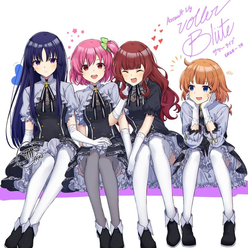 4girls, :d, ^_^, ahoge, ankle_boots, arm_at_side, arm_hug, artist_name