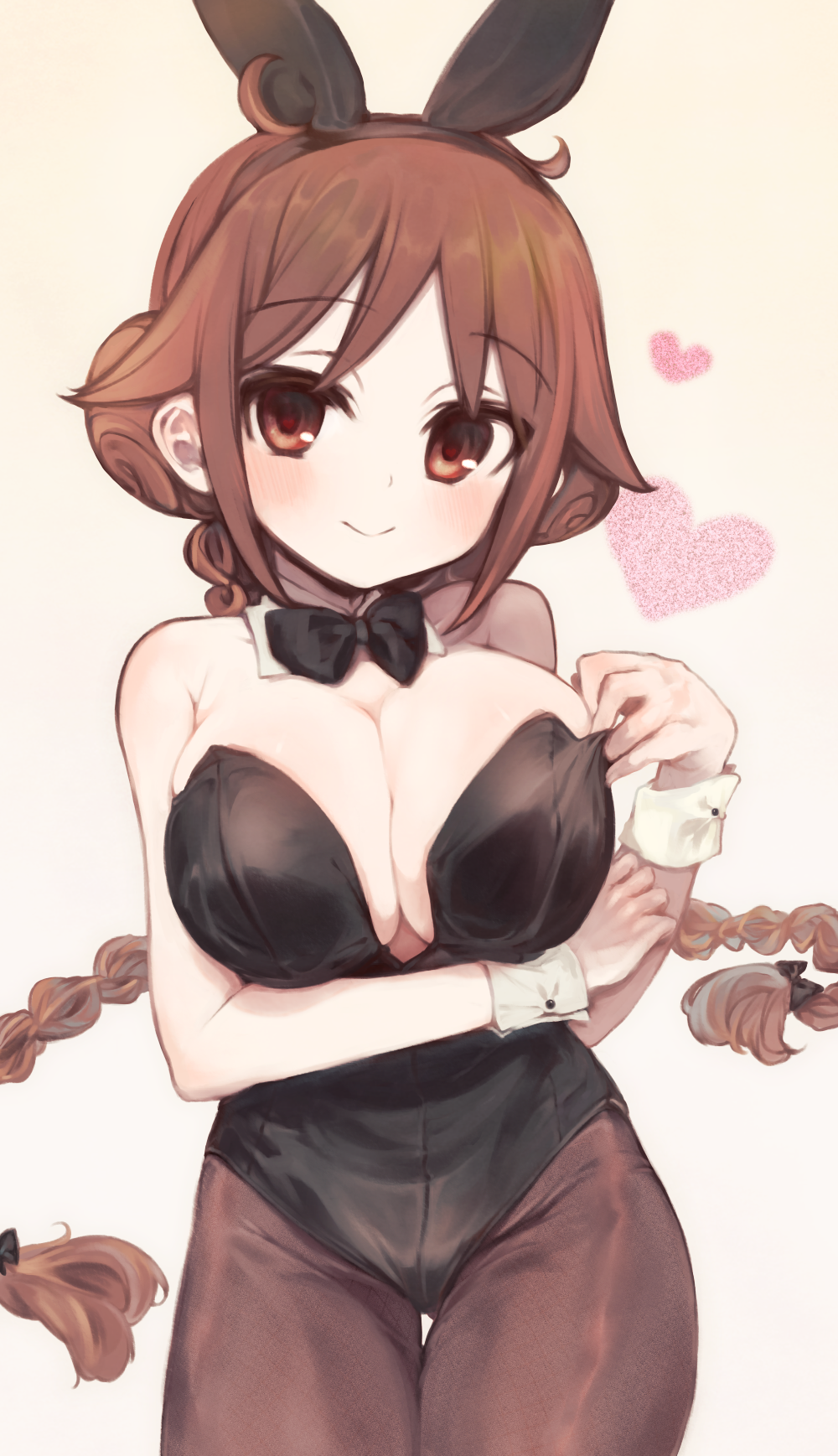 1girl, black_leotard, braid, breasts, brown_hair, cleavage, detached_collar, heart, highres, leotard, loli, oppai_loli, playboy_bunny, smile, tachibana_yuzuki, taishou_otome_otogibanashi, thick_thighs, thighs, twin_braids