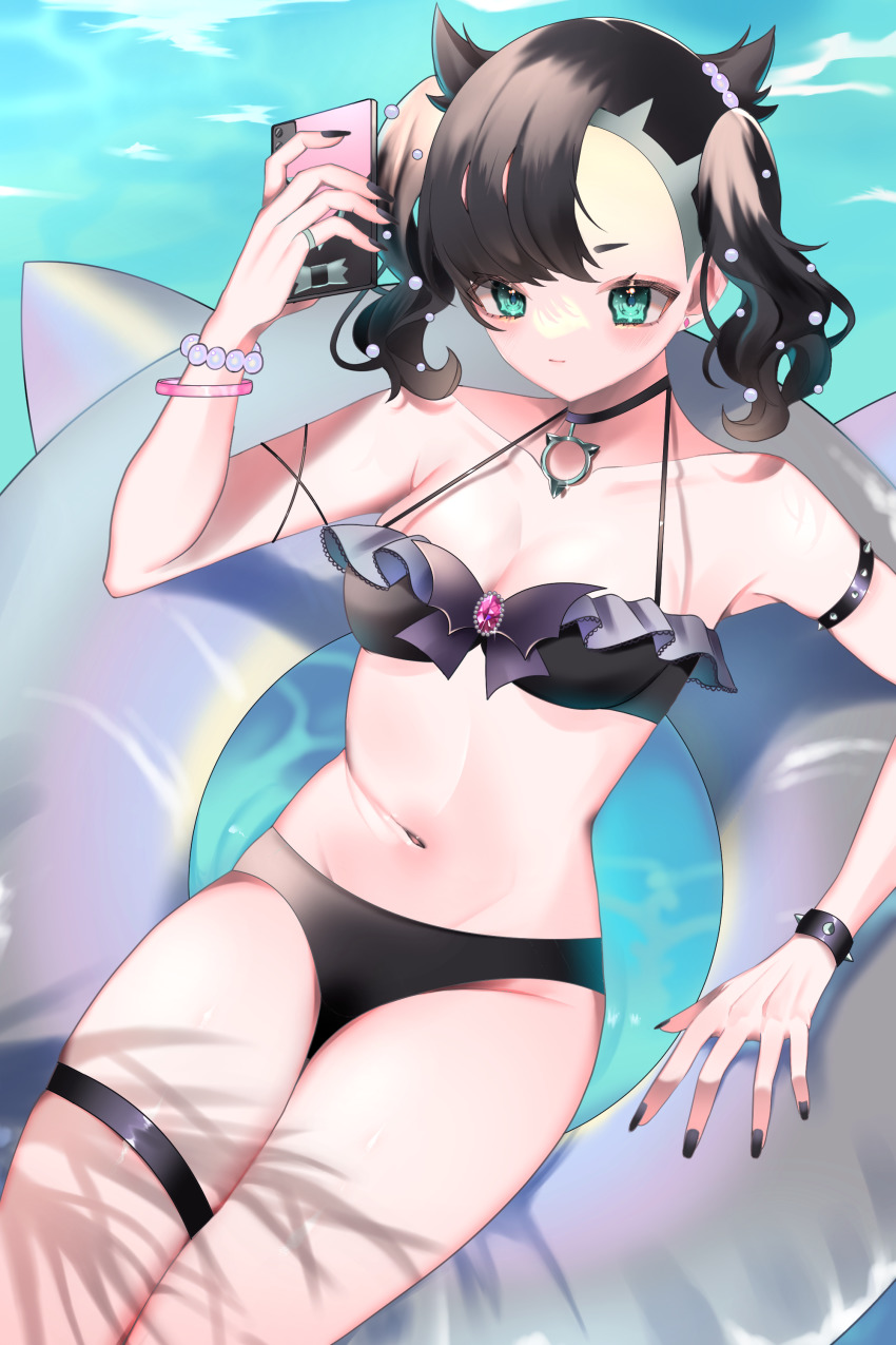1girl, absurdres, alternate_costume, asymmetrical_bangs, azuki_anko, bad_id, bad_pixiv_id, bead_bracelet, beads, bikini, black_bikini, black_choker, black_hair, black_nails, bracelet, breasts, cellphone, choker, cleavage, collarbone, commentary_request, day, earrings, green_eyes, highres, holding, holding_phone, jewelry, marnie_(pokemon), nail_polish, navel, nintendo, outdoors, phone, pokemon, pokemon_sword_and_shield, solo, swimsuit, thigh_strap