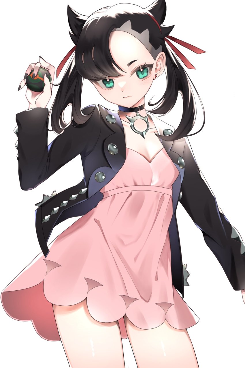 1girl, asymmetrical_bangs, azuki_anko, black_choker, black_hair, black_jacket, black_nails, breasts