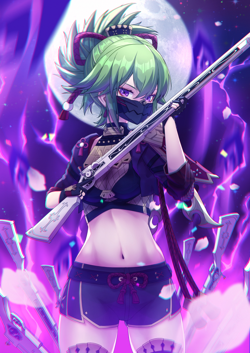 1girl, absurdres, black_shirt, chinese_commentary, commentary_request, cowboy_shot, crop_top, cropped_jacket, dd_che_shen, full_moon, genshin_impact, green_hair, gun, highres, holding, holding_gun, holding_weapon, jacket, kuki_shinobu, looking_at_viewer, magical_musket_(madoka_magica), mahou_shoujo_madoka_magica, mahou_shoujo_madoka_magica_(anime), mask, midriff, moon, mouth_mask, navel, open_clothes, open_jacket, ponytail, purple_eyes, purple_jacket, rifle, shirt, short_hair, short_shorts, shorts, solo, standing, stomach, thighs, voice_actor_connection, weapon