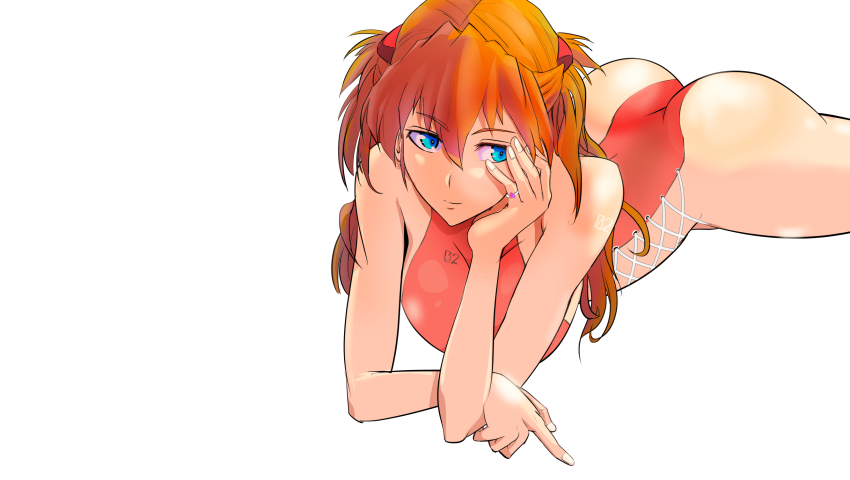 1girl, alternate_breast_size, arm_support, ass, bare_legs, bare_shoulders, bikini, blue_eyes, breasts, curvy, hair_ornament, highres, huge_ass, interface_headset_(evangelion), long_hair, looking_at_viewer, lying, medium_breasts, neon_genesis_evangelion, one-piece_swimsuit, shiny_clothes, shiny_skin, simple_background, skindentation, smile, solo, souryuu_asuka_langley, spread_legs, swimsuit, two_side_up, underwear, very_long_hair, wakusan, white_bikini, wide_hips