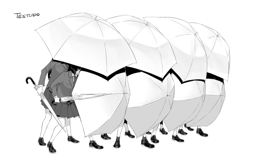 6+girls, greyscale, highres, jacket, long_hair, medium_hair, medium_skirt, monochrome, multiple_girls, necktie, original, pleated_skirt, school_uniform, serious, shield_wall, shindol, skirt, testudo_formation, umbrella