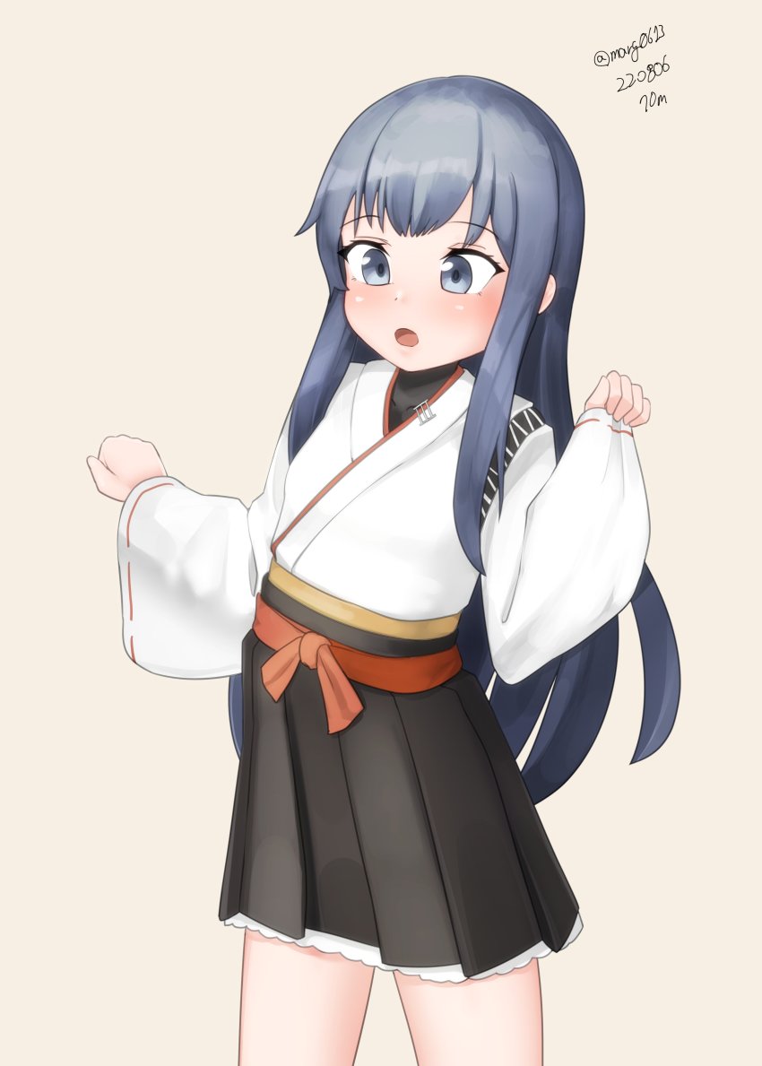 absurdres, akatsuki_(kancolle), black_hakama, black_skirt, blue_eyes, cosplay, dated, grey_background