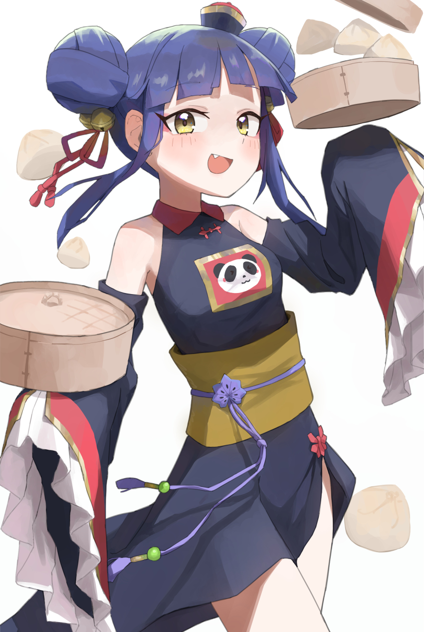 1girl, absurdres, blue_hair, blush, breasts, chinese_clothes, dontcare369369, double_bun, fang, hair_bun, highres, jashin-chan_dropkick, kyon-kyon_(jashin-chan_dropkick), looking_at_viewer, open_mouth, simple_background, small_breasts, smile, solo, white_background, yellow_eyes