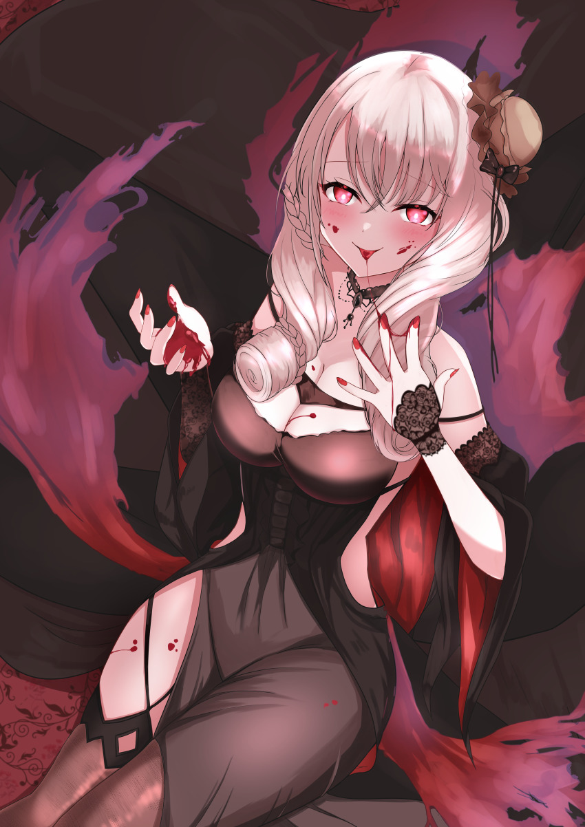 1girl, absurdres, azur_lane, black_dress, blood, blood_in_hair, blood_on_clothes, blood_on_hands, bloody_clothes, bloody_dress, breasts, cleavage, dress, drill_hair, drill_sidelocks, highres, large_breasts, long_dress, looking_at_viewer, luetzow_(azur_lane), luetzow_(everlasting_blood_banquet)_(azur_lane), nail_polish, official_alternate_costume, pink_eyes, red_nails, sakamoto_(slopepepepe), sidelocks, sitting, solo, vampire