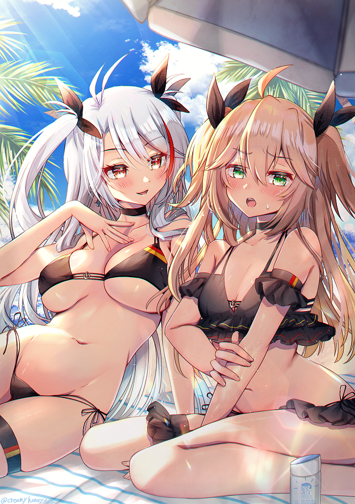 2girls, admiral_hipper_(azur_lane), antenna_hair, azur_lane, beach_umbrella, bikini, black_bikini, black_choker, blonde_hair, choker, cross, cross_earrings, earrings, flag_print, flag_print_bikini, frilled_bikini, frills, german_flag_bikini, green_eyes, hair_ribbon, jewelry, long_hair, lotion_bottle, lying, multicolored_hair, multiple_girls, official_alternate_costume, on_side, orange_eyes, print_bikini, prinz_eugen_(azur_lane), prinz_eugen_(unfading_smile)_(azur_lane), ribbon, shindoi_akio, side-tie_bikini_bottom, sitting, streaked_hair, string_bikini, swimsuit, thigh_strap, two_side_up, umbrella, wariza, white_hair