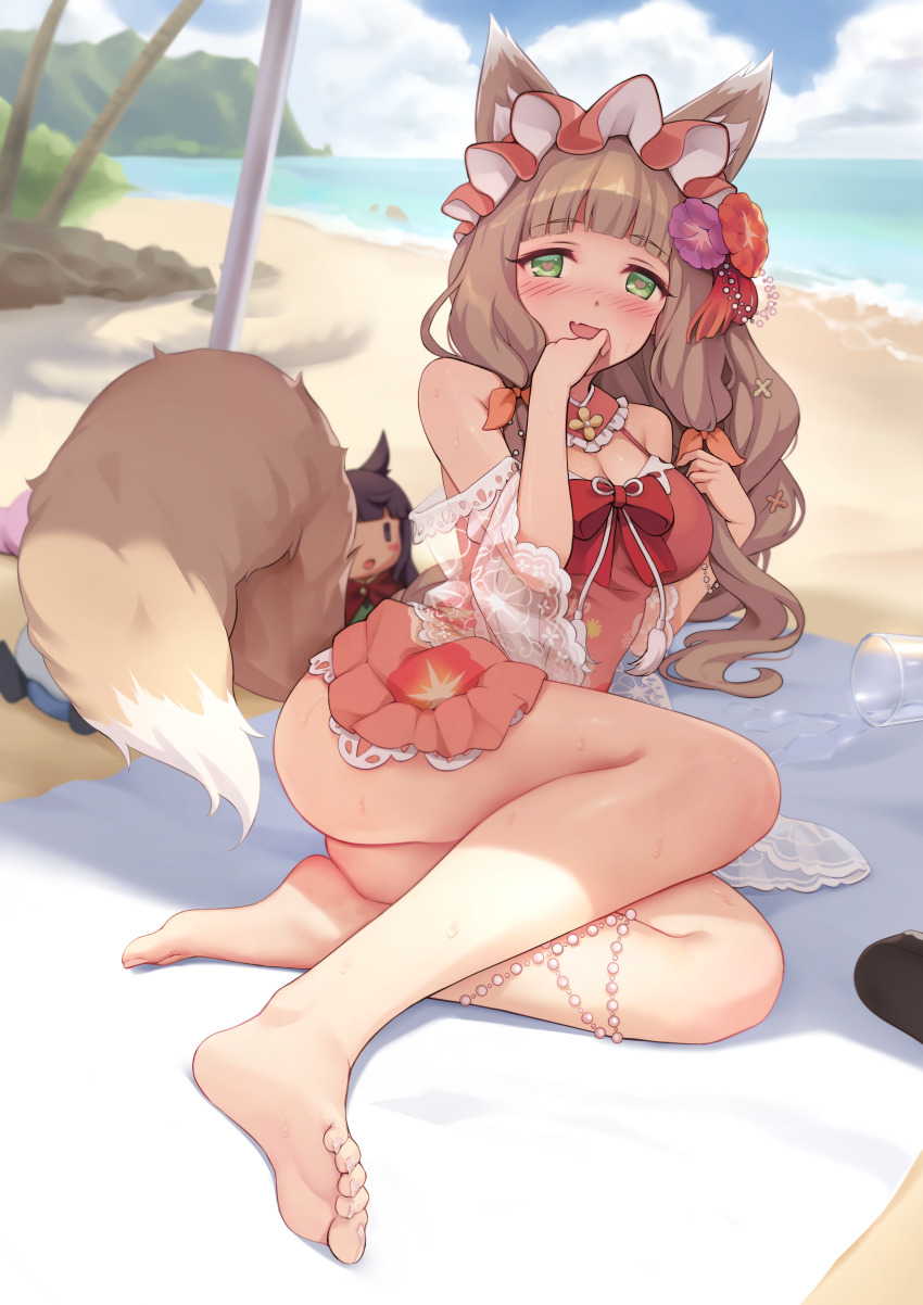 1girl, absurdres, alpha_(alpha91), animal_ear_fluff, animal_ears, ass, beach, blurry, blurry_background, blush, breasts, brown_hair, cleavage, cloud, cup, day, fang, feet, female_focus, fox_ears, fox_girl, fox_tail, full_body, green_eyes, heart, heart-shaped_pupils, highres, kasumi_(princess_connect!), legs, long_hair, looking_at_viewer, maho_(princess_connect!), medium_breasts, official_alternate_costume, one-piece_swimsuit, open_mouth, outdoors, palm_tree, parasol, pink_one-piece_swimsuit, princess_connect!, skin_fang, sky, solo, spill, stuffed_toy, sweat, swimsuit, symbol-shaped_pupils, tail, towel, tree, umbrella, water, wavy_hair