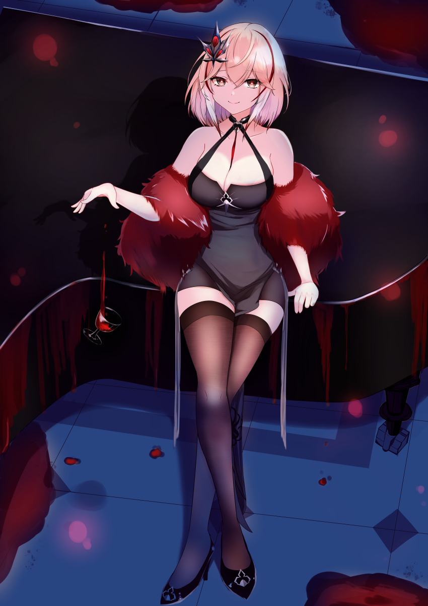 1girl, absurdres, azur_lane, bare_shoulders, black_footwear, black_thighhighs, blonde_hair, blood, breasts, cleavage, collarbone, cup, dress, drinking_glass, feather_boa, grand_piano, grey_eyes, hair_ornament, halter_dress, halterneck, high_heels, highres, instrument, large_breasts, looking_at_viewer, multicolored_hair, piano, red_hair, red_wine, roon_(azur_lane), roon_(viridescent_lullaby)_(azur_lane), sakamoto_(slopepepepe), short_hair, sitting, sitting_on_piano, sleeveless, sleeveless_dress, smile, solo, spilling, streaked_hair, thighhighs, tight_clothes, tight_dress, wine, wine_glass