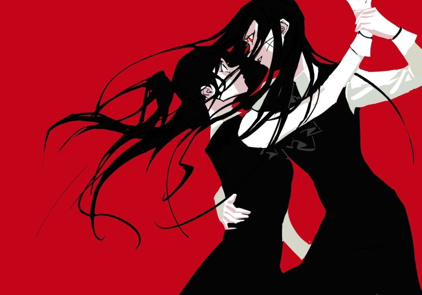 2girls, black_dress, black_hair, chainsaw_man, collared_shirt, curtsey, dress, flat_color, highres, holding_another's_wrist, junjungua, long_hair, looking_at_another, mitaka_asa, multiple_girls, no_lineart, red_background, red_eyes, scar, scar_on_face, shirt, simple_background, surprised, torso_grab, yoru_(chainsaw_man)