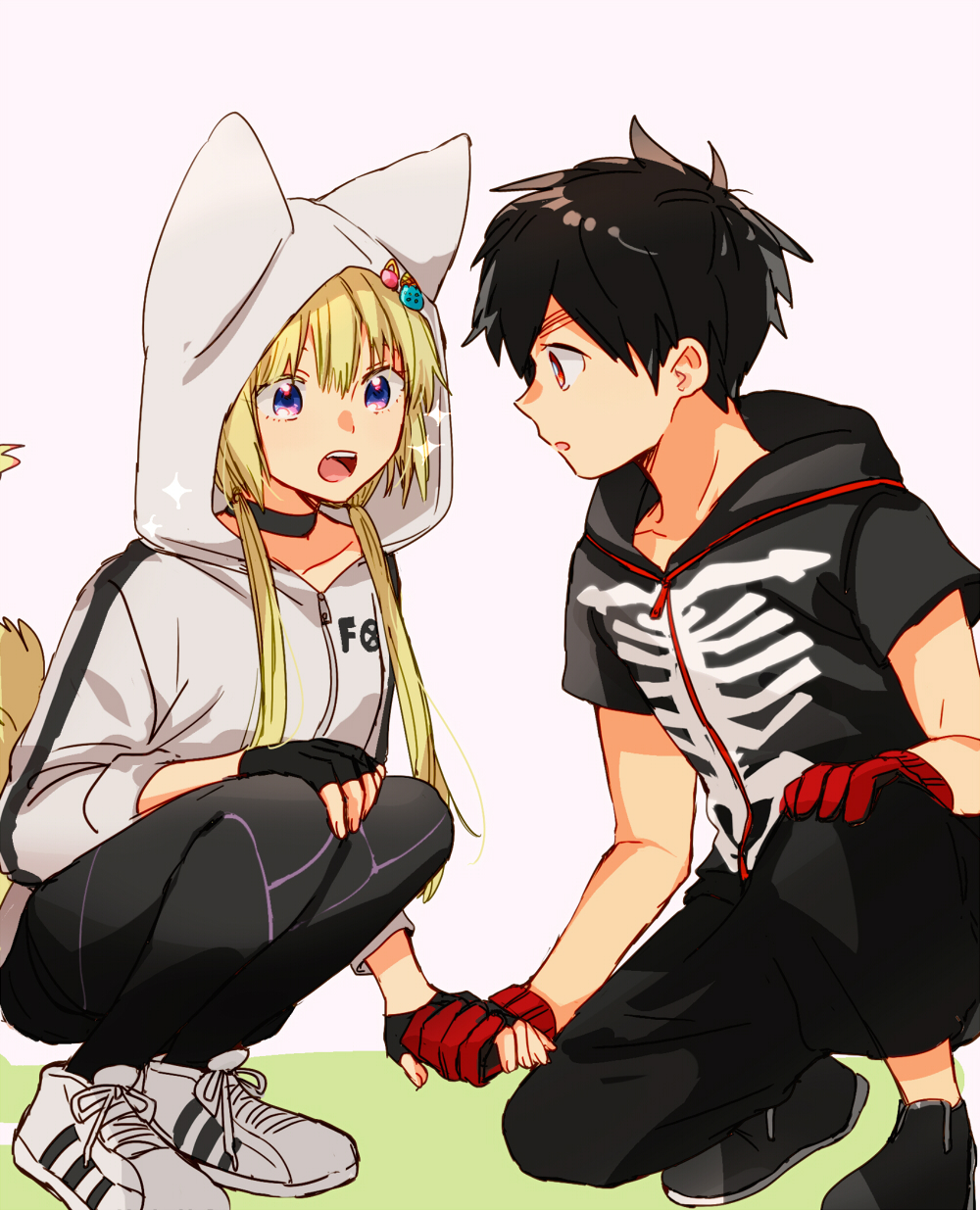 1boy, 1girl, :d, animal_hood, black_choker, black_footwear, black_gloves, black_hair