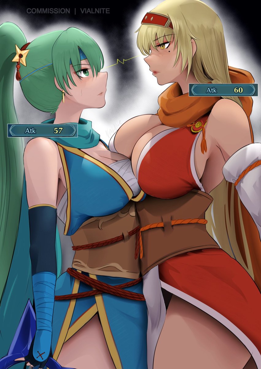 2girls, alternate_costume, angry, blonde_hair, breast_press, breasts, cleavage, closed_mouth, dark-skinned_female, dark_skin, earrings, elbow_gloves, eyebrows_hidden_by_hair, female_focus, fire_emblem, fire_emblem:_the_binding_blade, fire_emblem:_the_blazing_blade, fire_emblem_heroes, gameplay_mechanics, gloves, green_eyes, green_hair, hair_between_eyes, hair_ornament, headband, height_difference, high_ponytail, highres, holding, holding_shuriken, holding_weapon, igrene_(fire_emblem), igrene_(ninja)_(fire_emblem), japanese_clothes, jewelry, large_breasts, lightning_glare, long_hair, looking_at_another, lyn_(fire_emblem), lyn_(ninja)_(fire_emblem), matching_hair/eyes, mole, mole_under_eye, multiple_girls, ninja, nintendo, official_alternate_costume, pelvic_curtain, ponytail, scarf, serious, shuriken, simple_background, sparks, thighs, very_long_hair, vialnite, weapon, yellow_eyes