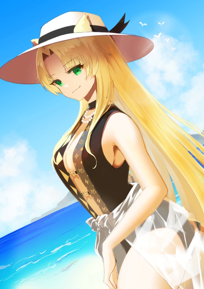 1girl, absurdres, animal_ears, arknights, bare_shoulders, beach, black_one-piece_swimsuit, blonde_hair