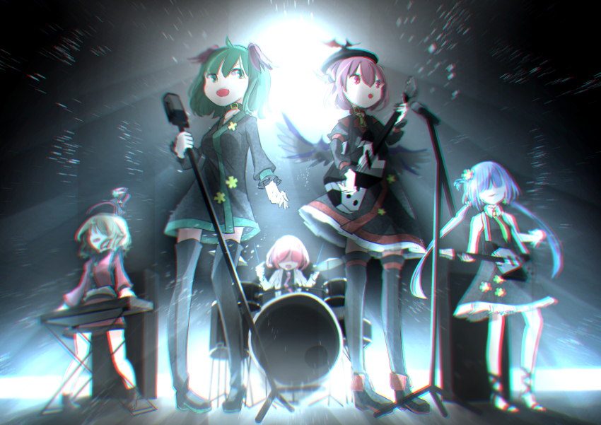 5girls, animal_ears, arawara, bird_ears, bird_wings, black_dress, black_footwear, black_headwear