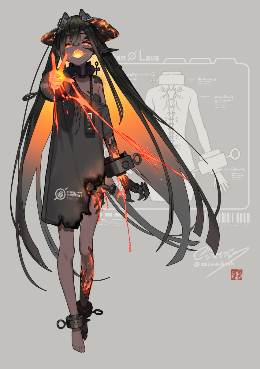 1girl, asymmetrical_limbs, black_hair, burnt_clothes, chain, claws, collar, colored_inner_hair
