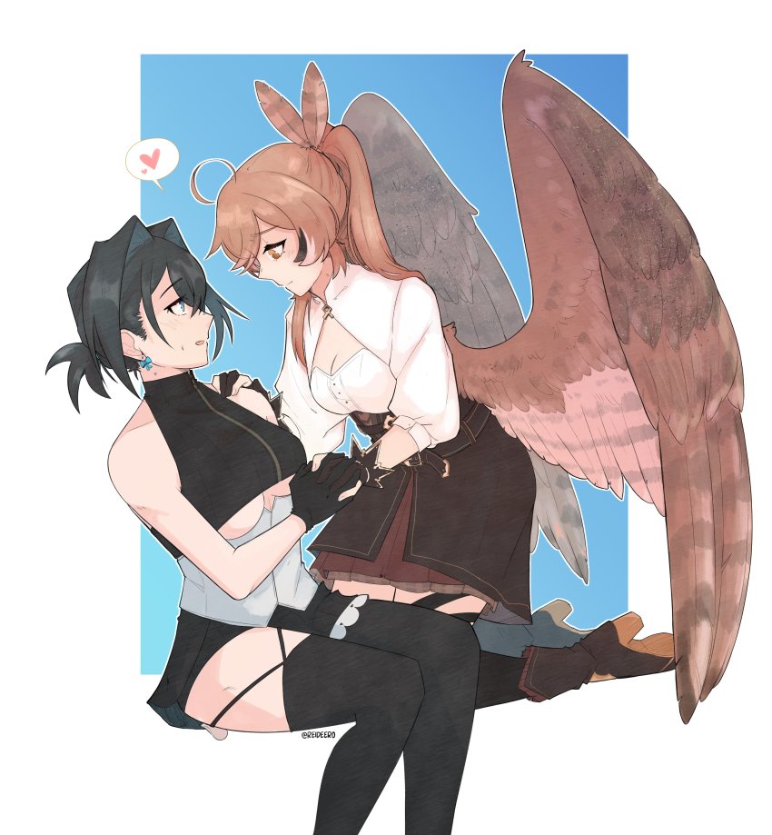 2girls, absurdres, ahoge, belt, belt_buckle, black_hair, blue_eyes, bow