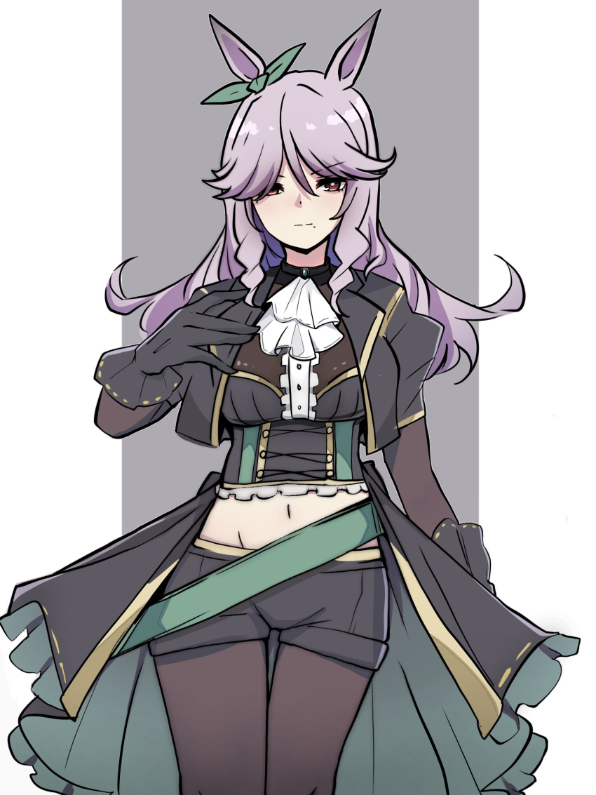 1girl, aqua_bow, ascot, black_gloves, black_jacket, black_shorts, bodice, bow