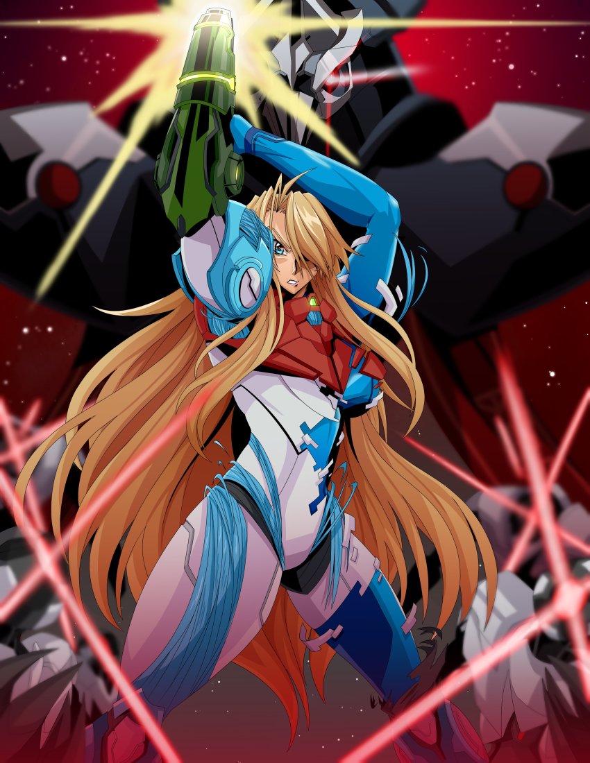 1girl, 1other, absurdres, andoryu_anzuru, arm_cannon, armor, arms_up, blonde_hair, blue_eyes, bodysuit, breasts, chozo, e.m.m.i., hair_over_one_eye, highres, long_hair, looking_at_viewer, metroid, metroid_dread, nintendo, normal_suit_(metroid), power_suit_(metroid), raven_beak_(metroid), red_eyes, samus_aran, serious, weapon