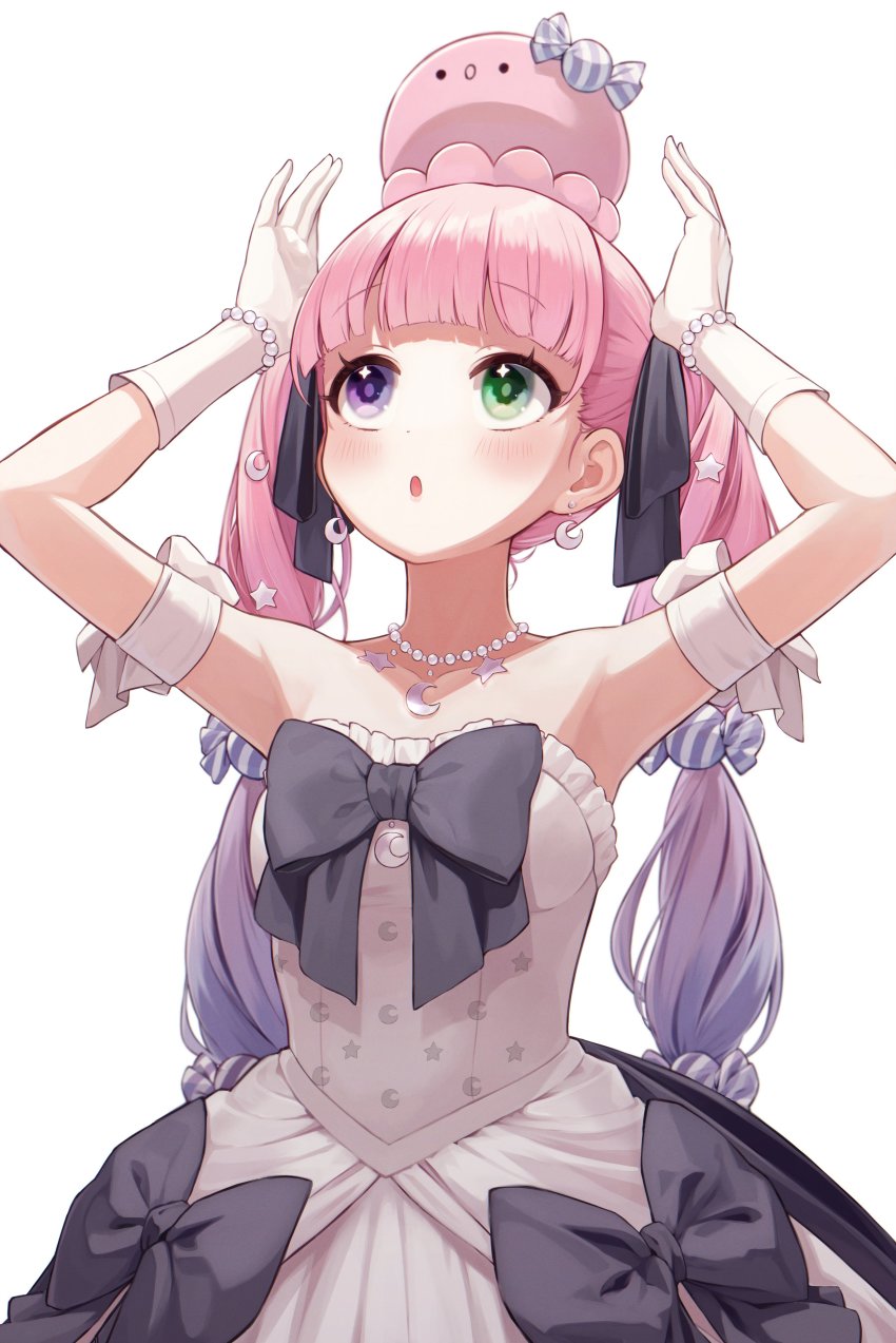 1girl, absurdres, armpits, arms_up, bead_bracelet, bead_necklace, beads, black_bow