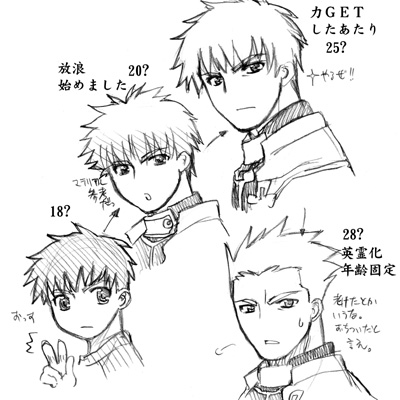 age_comparison, age_progression, aged_up, archer_(fate), emiya_shirou, fate/stay_night, fate_(series), flowchart, greyscale, kouteiryuu_(stparusu), lowres, monochrome, partially_translated, raglan_sleeves, spoilers, translation_request