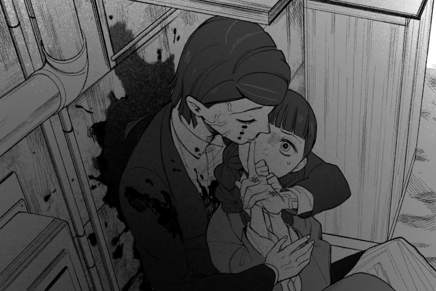 1boy, 1girl, against_wall, blood, blood_on_clothes, blood_splatter, blunt_bangs, braid