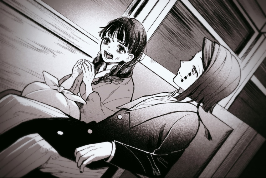 1boy, 1girl, bag, bags_under_eyes, blunt_bangs, braid, braid_girl_(enmu's_recruits), coat