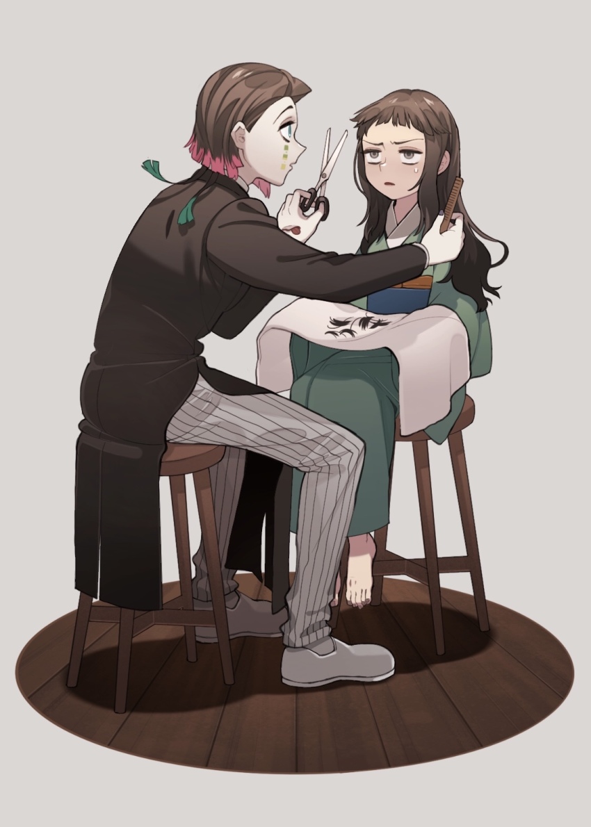 1boy, 1girl, alternate_hairstyle, bags_under_eyes, barefoot, black_coat, black_hair, black_nails