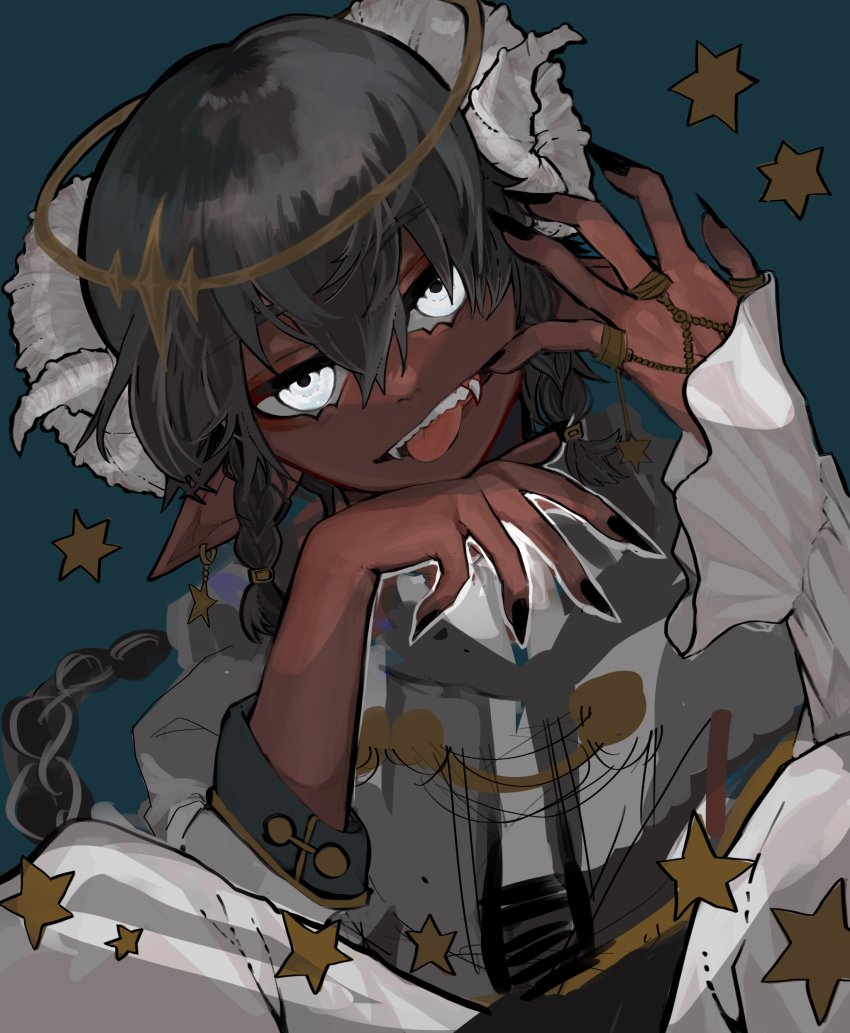 1boy, :d, absurdres, black_hair, black_nails, braid, braided_ponytail, curled_horns