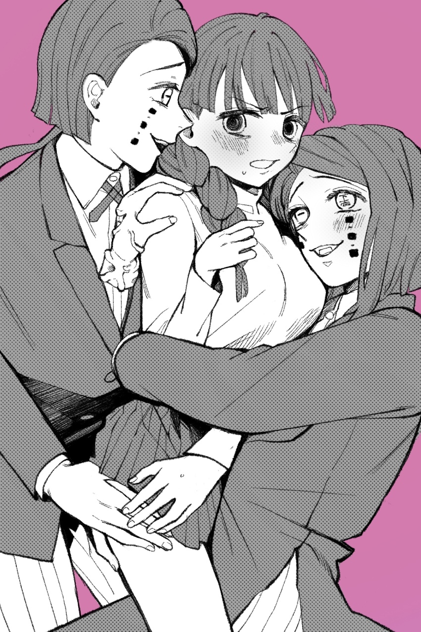 1girl, 2boys, blunt_bangs, blush, boy_sandwich, braid, braid_girl_(enmu's_recruits), breasts, coat, collared_shirt, cowboy_shot, cross_tie, dress_shirt, dual_persona, enmu_(kimetsu_no_yaiba), extra_mouth, facial_mark, greyscale, greyscale_with_colored_background, hair_over_shoulder, hand_mouth, hand_on_another's_shoulder, hand_on_another's_thigh, head_on_chest, highres, horizontal_pupils, hug, kimetsu_no_yaiba, large_breasts, long_hair, long_sleeves, looking_at_another, looking_at_viewer, looking_away, looking_to_the_side, mihashi_(re4_glo), miniskirt, monochrome, multiple_boys, neck_ribbon, open_mouth, pants, pleated_skirt, profile, ribbon, sandwiched, severed_hand, severed_limb, shirt, short_hair_with_long_locks, skirt, sweater, text_in_eyes, turtleneck, turtleneck_sweater, twin_braids, twintails, veins, wide_sleeves