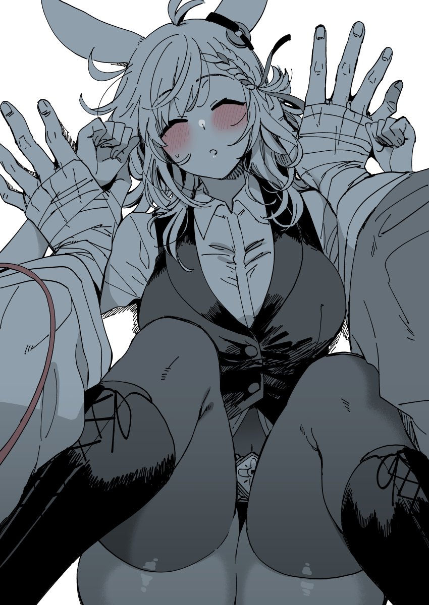 1boy, 1girl, animal_ears, arknights, blush, braid, breasts, closed_eyes