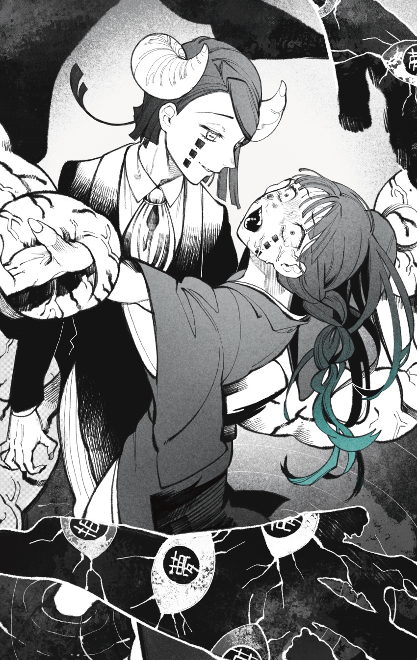 1boy, 1girl, absurdres, aqua_hair, arms_at_sides, ascot, braid_girl_(enmu's_recruits), coat