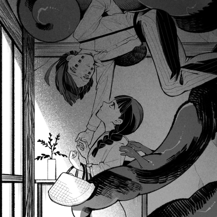 1boy, 1girl, arm_behind_back, bag, blunt_bangs, braid, braid_girl_(enmu's_recruits), closed_mouth