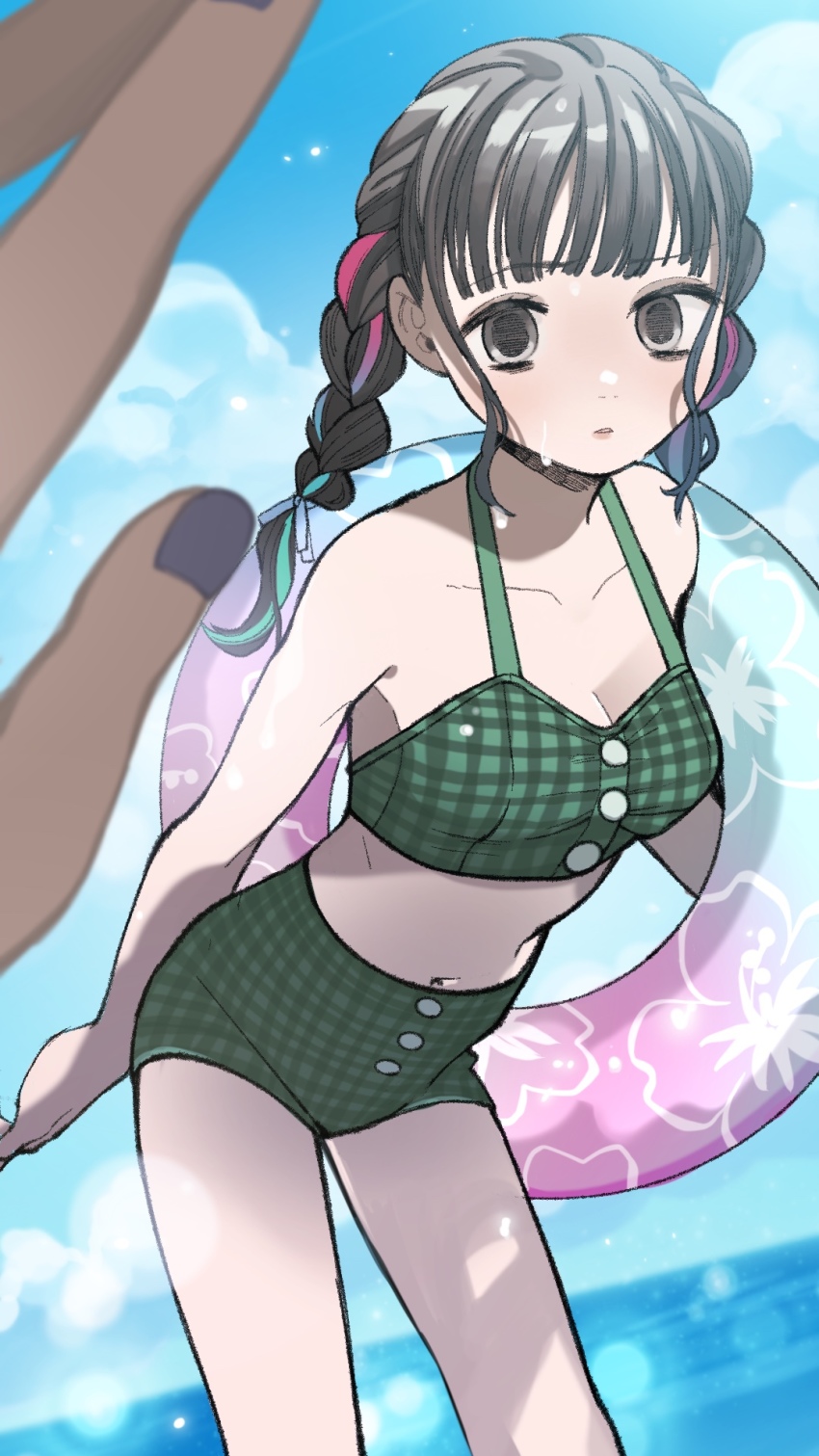 1girl, bikini, bikini_shorts, black_eyes, black_hair, blue_sky, blunt_bangs, blurry, braid, braid_girl_(enmu's_recruits), breasts, cleavage, cloud, contemporary, cowboy_shot, day, depth_of_field, dutch_angle, eyelashes, floral_print, gradient_ribbon, green_bikini, green_ribbon, hair_ribbon, halterneck, highres, holding, holding_swim_ring, horizon, innertube, kimetsu_no_yaiba, leaning_forward, long_hair, looking_at_viewer, mihashi_(re4_glo), nature, navel, ocean, outdoors, outstretched_arm, pink_ribbon, plaid_bikini, plaid_clothes, pov, pov_hands, print_innertube, ribbon, ribbon_braid, shorts, sky, solo_focus, standing, swim_ring, swimsuit, twin_braids, twintails, wet