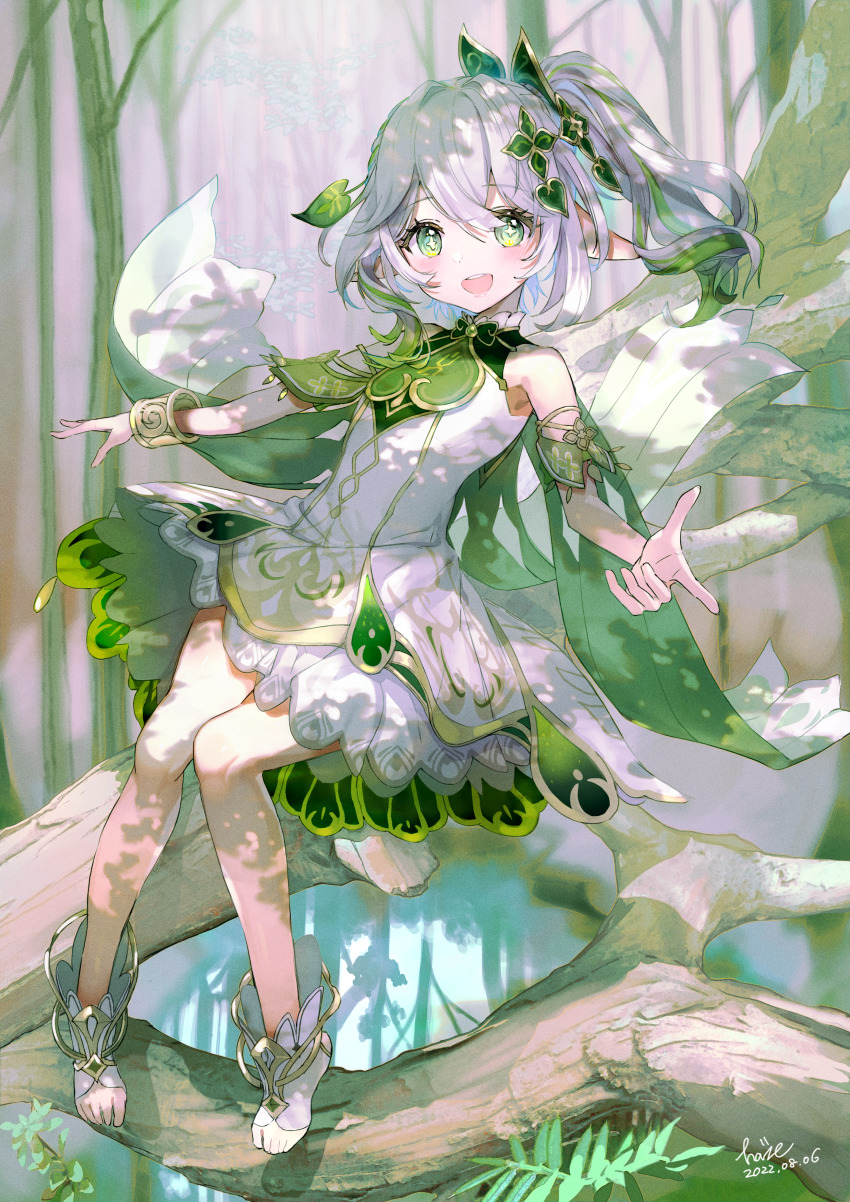 1girl, absurdres, bare_shoulders, blush, branch, dress, elf, forest