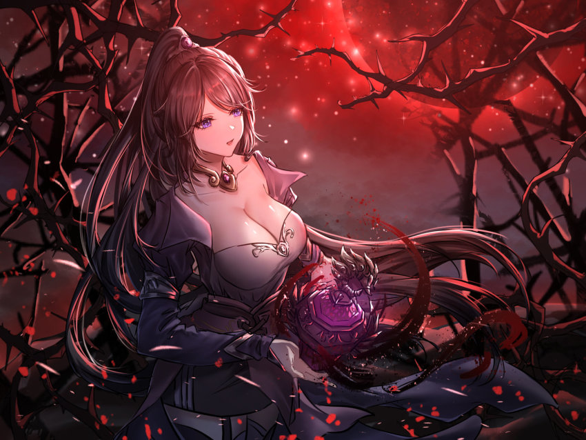 1girl, artist_request, black_hair, incense_burner, falling_petals, hua_jianghu_zhi_bei_mo_ting, jacket, jewelry, moon, necklace, open_mouth, petals, ponytail, purple_eyes, purple_jacket, red_lightning, second-party_source, shiny_skin, si_kongqi_(hua_jianghu_zhi_bei_mo_ting), solo, standing, thorns, upper_body