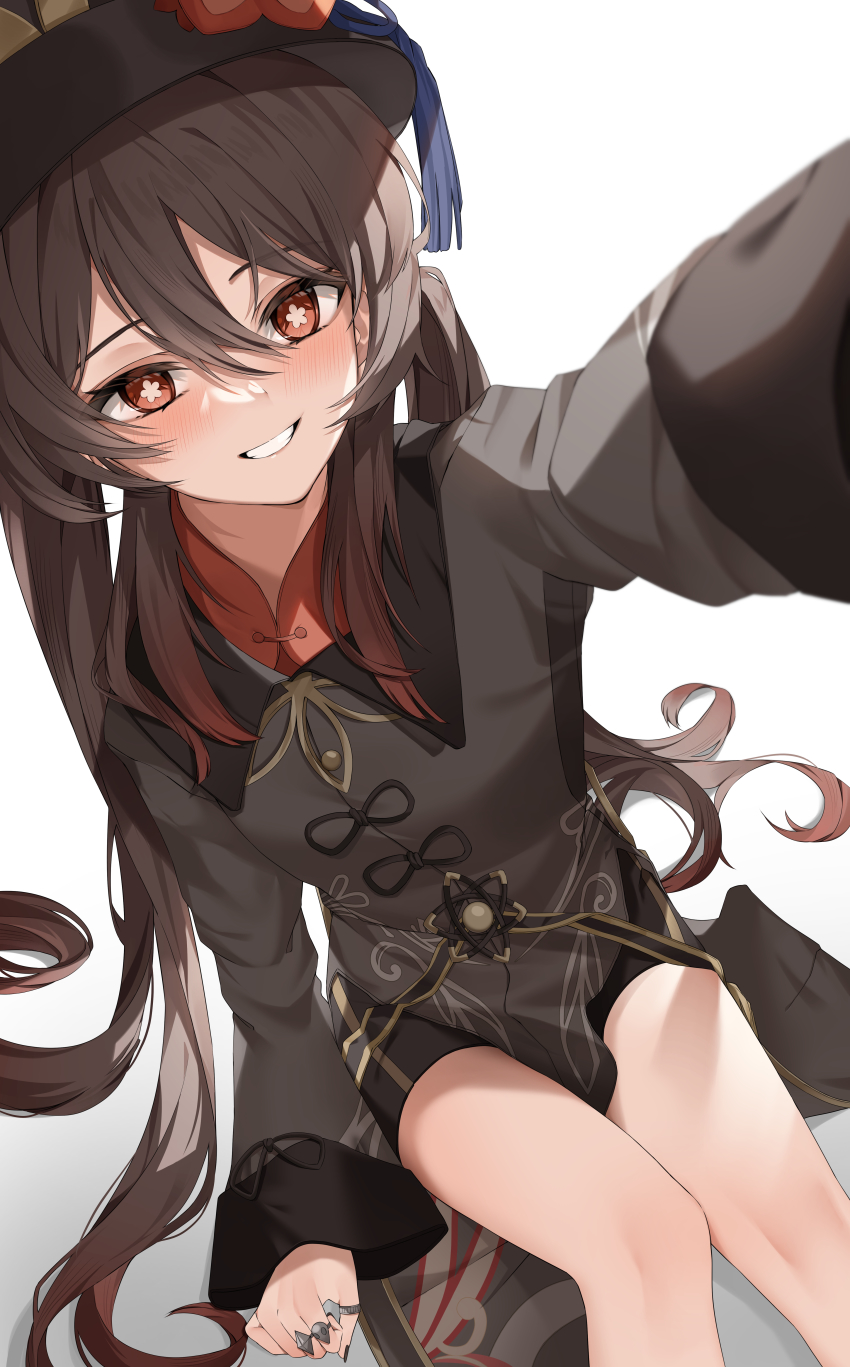 1girl, absurdres, awaki224, black_shorts, blush, brown_hair, chinese_clothes, genshin_impact