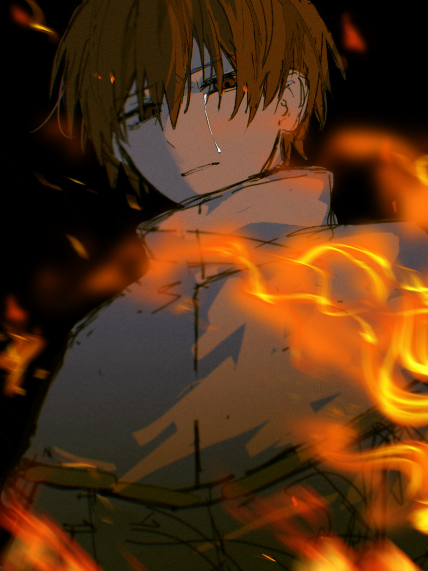 1boy, black_background, brown_eyes, brown_hair, capelet, chromatic_aberration, colored_skin, crying