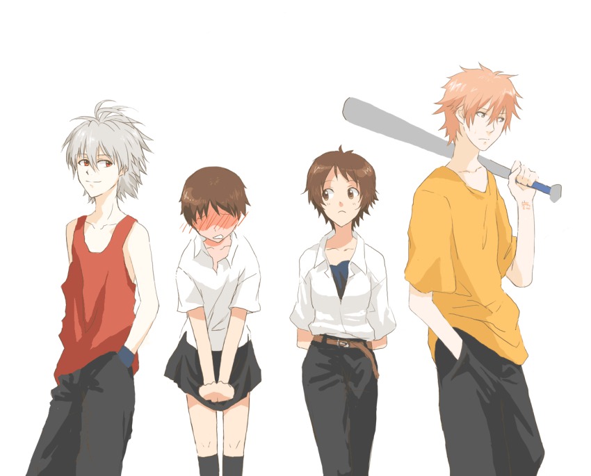 2boys, 2girls, :<, arms_behind_back, baseball_bat, belt, blush, brown_eyes, brown_hair, cosplay, costume_switch, crossdressing, crossover, embarrassed, hands_in_pockets, ikari_shinji, kagami_yuuka, konno_makoto, looking_back, mamiya_chiaki, multiple_boys, multiple_girls, nagisa_kaworu, neon_genesis_evangelion, pink_hair, short_hair, silver_hair, skirt, skirt_tug, smile, tank_top, toki_wo_kakeru_shoujo, yoshiyama_kazuko