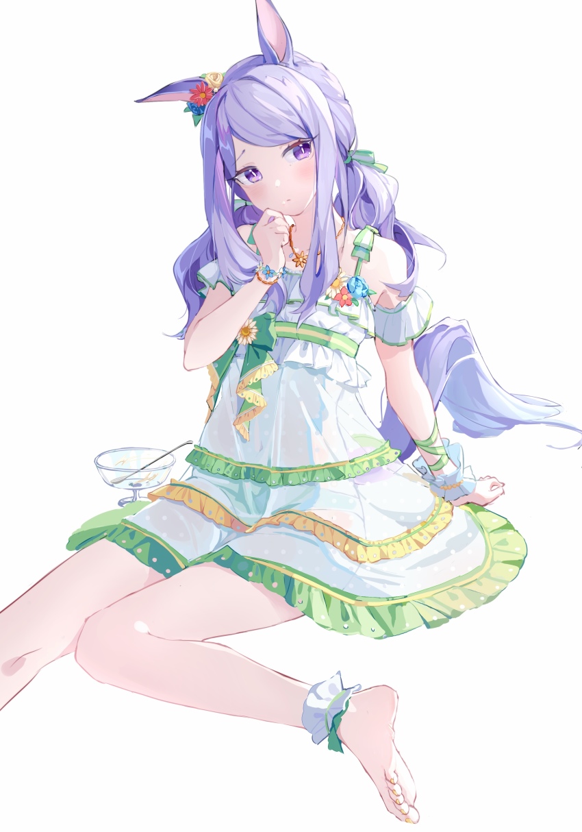 1girl, absurdres, animal_ears, anklet, arm_garter, arm_support, bare_shoulders, barefoot