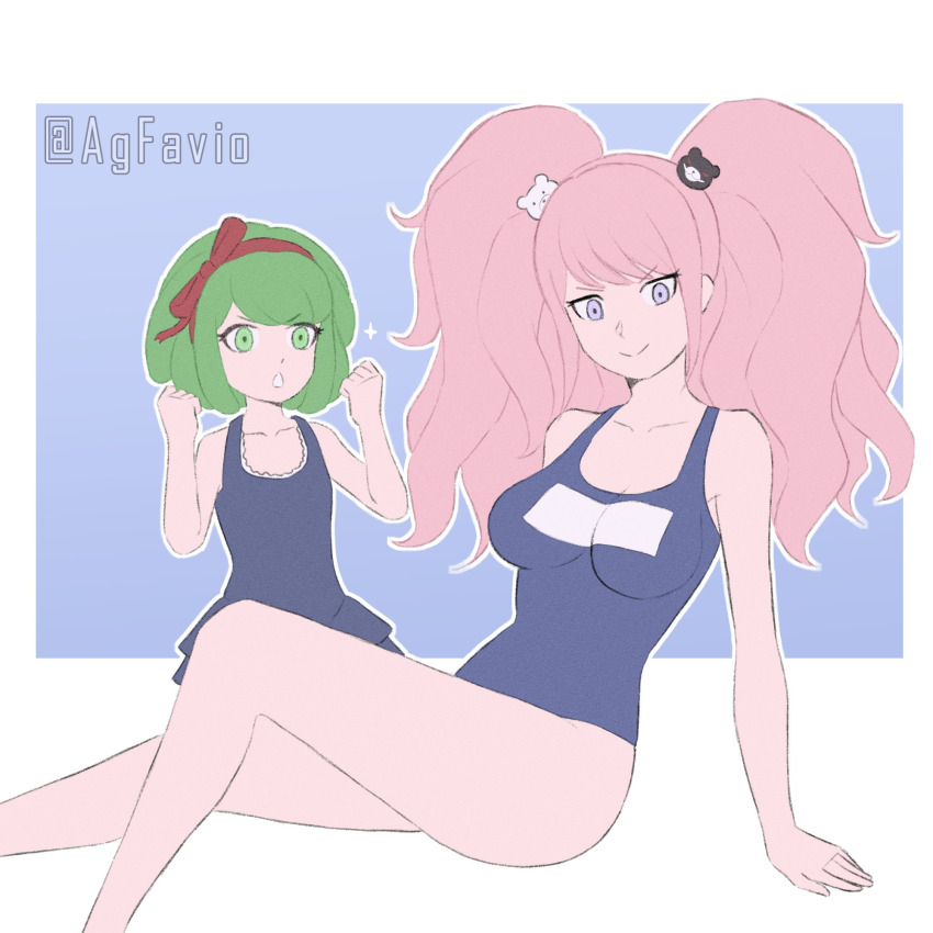 2girls, age_difference, agfavio, arms_up, bare_arms, bare_legs, bear_hair_ornament, blonde_hair, blue_one-piece_swimsuit, bow, breasts, child, cleavage, closed_mouth, collarbone, danganronpa:_trigger_happy_havoc, danganronpa_(series), danganronpa_another_episode:_ultra_despair_girls, danganronpa_s:_ultimate_summer_camp, ears, enoshima_junko, feet_out_of_frame, female_focus, flat_chest, green_eyes, green_hair, hair_bow, hair_ornament, hair_ribbon, hairband, hands_up, headband, highres, kneeling, large_breasts, legs, long_hair, looking_at_viewer, multiple_girls, one-piece_swimsuit, open_mouth, purple_eyes, red_bow, red_hairband, red_headband, red_headwear, red_ribbon, ribbon, school_swimsuit, sitting, smile, swimsuit, teeth, thighs, towa_monaca, twintails