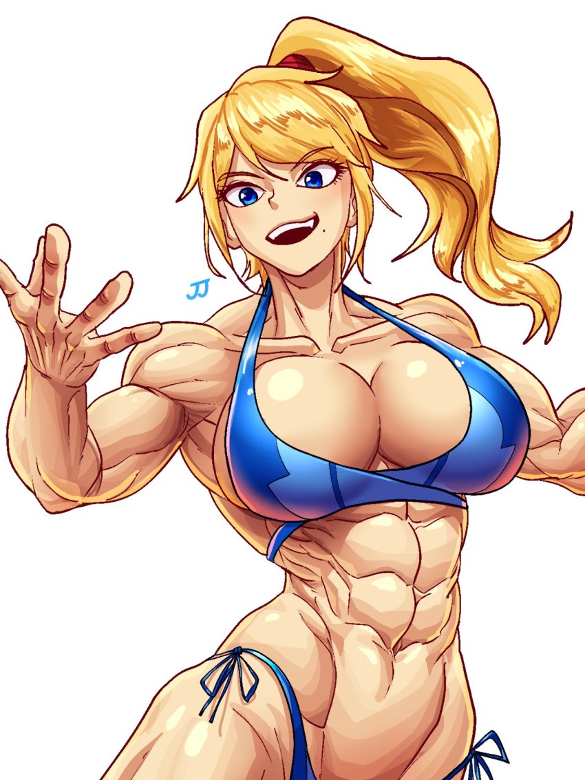 1girl, abs, bikini, blonde_hair, blue_eyes, breasts, cleavage, cleavage_cutout