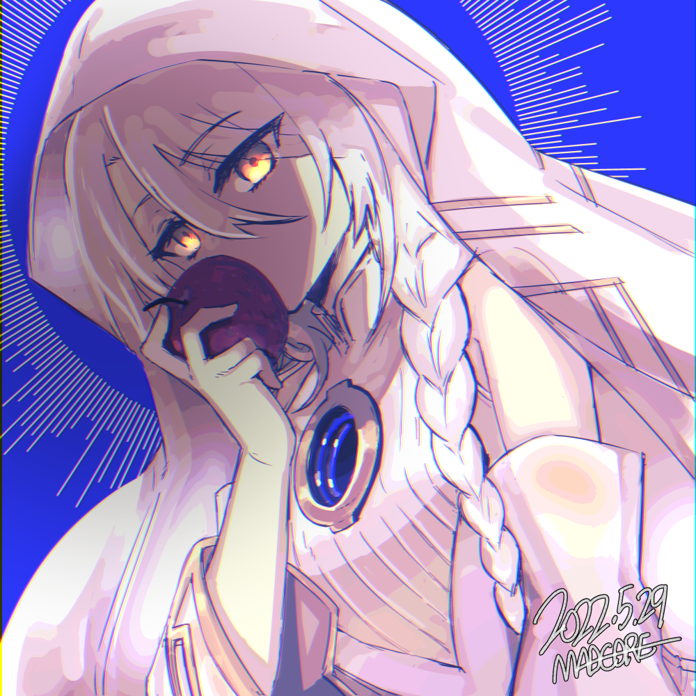 1girl, apple, artist_name, bare_shoulders, blue_background, braid, breasts, covered_mouth