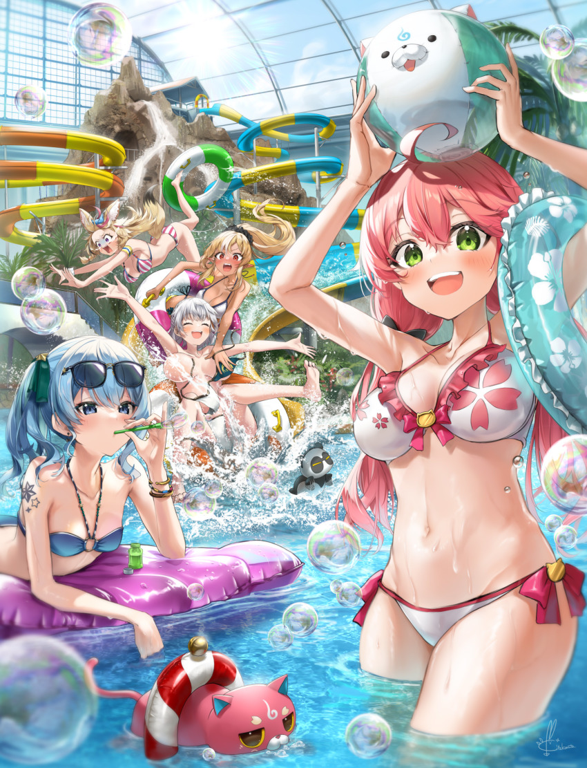 35p_(sakura_miko), 5girls, :d, ahoge, animal_ear_fluff, animal_ears, arm_tattoo, ball, barefoot, beachball, bikini, blonde_hair, blue_bikini, blue_bow, blue_eyes, blue_hair, blush, bow, bracelet, breasts, bubble, blowing_bubbles, bubble_pipe, censored_nipples, cleavage, closed_eyes, convenient_censoring, dark-skinned_female, dark_skin, day, elf, eyewear_on_head, floating_hair, fox_ears, fox_girl, fox_tail, frilled_bikini, frilled_innertube, frills, green_eyes, green_ribbon, grey_hair, hair_between_eyes, hair_bow, hair_ornament, hair_ribbon, hair_scrunchie, halterneck, highres, holding, holding_ball, holding_beachball, hololive, hoshimachi_suisei, innertube, jewelry, kintoki_(sakura_miko), kintsuba_(shiranui_flare), kito_koruta, large_breasts, long_hair, looking_at_viewer, lying, medium_hair, multicolored_hair, multiple_girls, o-ring, o-ring_bikini, omaru_polka, on_stomach, open_mouth, pink_hair, pointy_ears, ponytail, pool, print_bikini, purple_eyes, red_eyes, ribbon, sakura_miko, scrunchie, shiranui_flare, shiranui_kensetsu, shirogane_noel, side_ponytail, signature, small_breasts, smile, star_(symbol), star_in_eye, streaked_hair, string_bikini, striped_bikini, striped_clothes, sunglasses, swim_ring, swimsuit, symbol_in_eye, tail, tattoo, twintails, vertical-striped_bikini, vertical-striped_clothes, virtual_youtuber, wading, wardrobe_malfunction, water, water_censor, water_slide, wet, white_bikini, white_hair