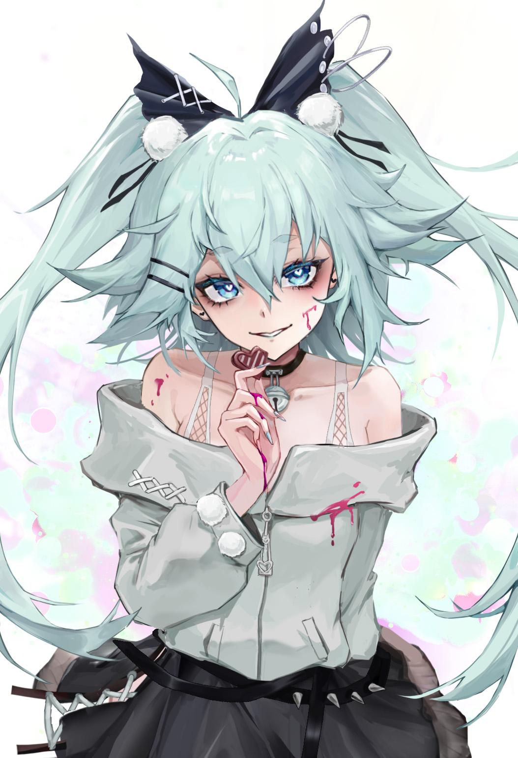 1girl, ahoge, aquarzaaa, bare_shoulders, bell, black_bow, black_skirt, blood