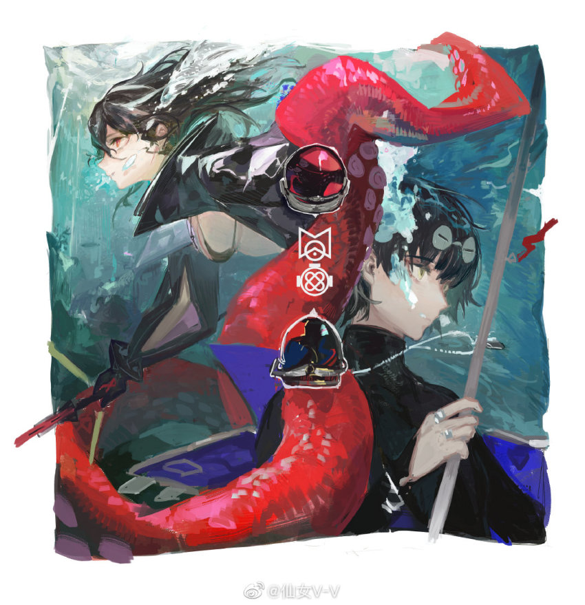 1boy, 1girl, air_bubble, bikini, black_hair, black_shirt, breasts, bubble