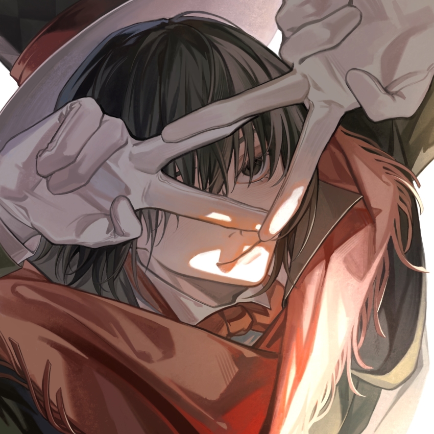 1boy, angel, arms_up, black_eyes, black_hair, black_hat, black_jacket, bow