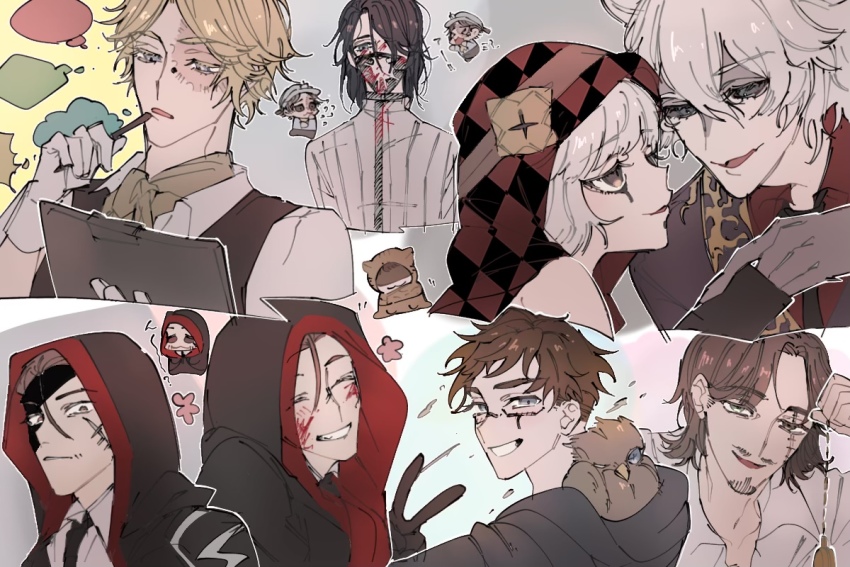 >_<, 1girl, 6+boys, :3, aesop_carl, aesop_carl_(rorschach_physician), argyle, bird