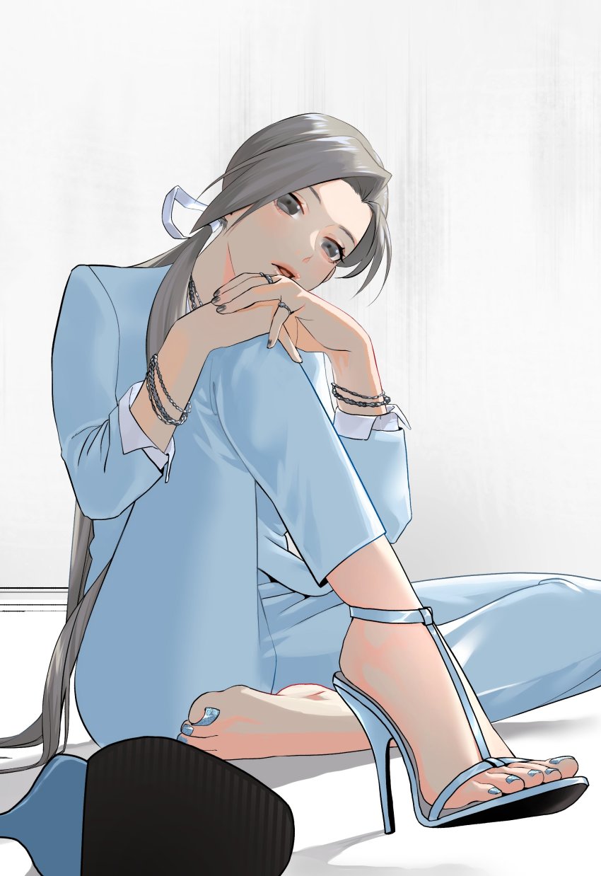1girl, absurdres, blue_jacket, blue_nails, blue_pants, bracelet, chitose_(kancolle), commentary_request, feet, formal_clothes, grey_eyes, grey_hair, grey_nails, hair_ribbon, high_heel_sandals, high_heels, highres, jacket, jewelry, kantai_collection, long_hair, multiple_rings, nail_polish, pant_suit, pants, parted_lips, ponytail, ribbon, ring, sandals, shishanmo, shoes, simple_background, single_shoe, sitting, solo, suit, toenail_polish, toenails, unworn_shoe, unworn_shoes, very_long_hair, white_ribbon